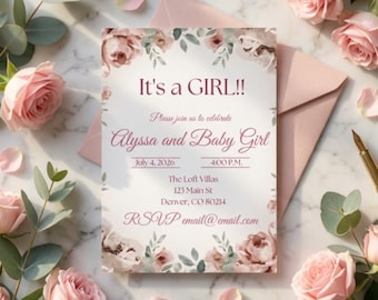 Bloemen douchebundel babymeisje • Uitnodiging • Digitale uitnodiging • Banner • Luierloterij • Bedankkaart
