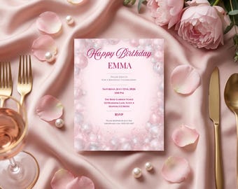 Paquete de invitaciones de cumpleaños en rosa y plata, plantillas editables de Canva (descarga digital)