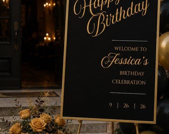 Letrero de cumpleaños negro y dorado, plantilla editable de Canva, letrero de bienvenida para fiestas imprimible