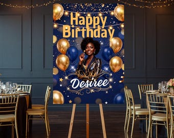 Cartel de cumpleaños editable en azul y dorado, póster de bienvenida de Canva, cartel imprimible para fiestas.