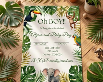 Jungle babyshowerbundel voor jongen • Safaridieren, groene uitnodiging (digitale download)