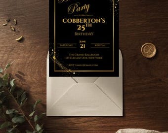 Invitación de cumpleaños en oro negro: plantilla editable de Canva, invitación digital de lujo para teléfono (descarga instantánea).