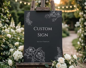 Letrero personalizado plateado y negro, plantilla editable para cualquier evento, letrero imprimible en Canva.
