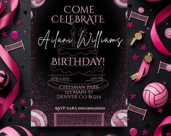 Invitación de cumpleaños de voleibol, set de fiesta deportiva en negro y rosa (descarga digital)