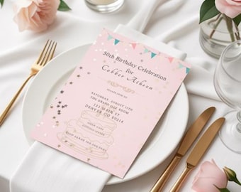 Plantilla elegante de invitación de cumpleaños rosa / Invitación personalizada para Canva con edad (Descarga digital)