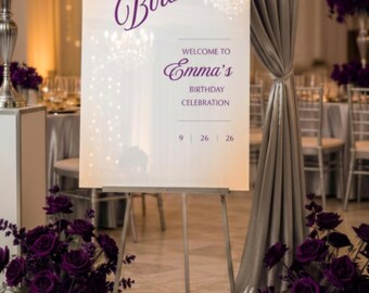 Purple & White Birthday Welcome Sign • Editable Canva Template • Printable Party Sign • Digital Download