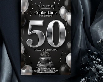 Paquete de invitaciones de cumpleaños número 50 en negro y plata, elegante pancarta para fiestas (descarga digital)