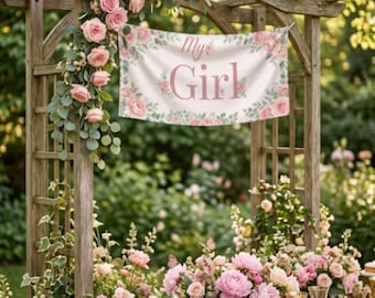 Roze bloemen babyshowerbanner • Achtergrond babymeisje • Bewerkbare canvassjabloon