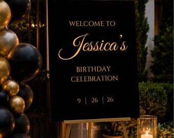 Letrero de bienvenida de cumpleaños en negro y dorado • Plantilla editable de Canva • Letrero imprimible para fiestas