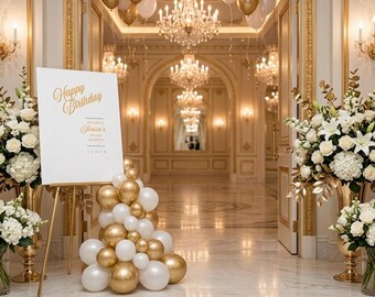 Letrero de cumpleaños dorado y blanco, plantilla editable de Canva, letrero de bienvenida para fiestas imprimible