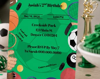 Paquete de invitaciones de cumpleaños deportivas, invitación infantil verde, invitación editable en Canva, invitación digital para teléfono y pancarta de fiesta.