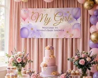 Babyshowerbanner voor meisjes • Pastelkleurige ballonnen en gouden sterren • Bewerkbare canvassjabloon van 40 × 20