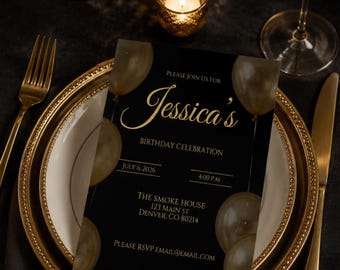 Paquete de invitaciones de cumpleaños en negro y dorado, invitación editable en Canva, invitación digital para teléfono y cartel para la fiesta.