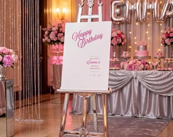 Cartel de bienvenida de cumpleaños editable en rosa y plata • Plantilla de Canva para fiestas (descarga instantánea)