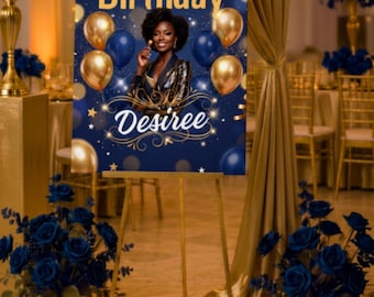 Bewerkbaar blauwgouden verjaardagsbord, canvas welkomstposter, afdrukbaar feestbord
