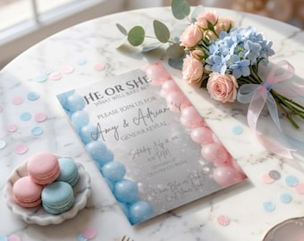 Paquete de invitaciones elegantes para revelar el sexo del bebé, temática rosa y azul, plantillas editables de Canva (descarga digital)