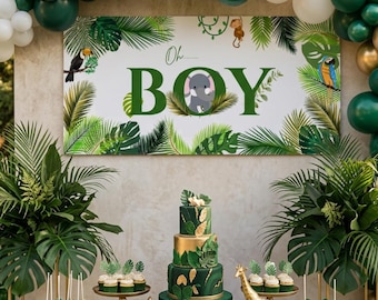 Jungle babyshowerbanner voor jongen • Bewerkbare canvassjabloon • 40 x 20 inch als achtergrond