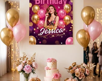Banner de cumpleaños editable, cartel de fiesta con nombre personalizado, plantilla de Canva, decoración de cumpleaños imprimible