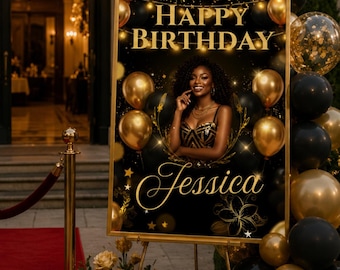 Letrero de bienvenida de cumpleaños en negro y dorado, póster editable en Canva, letrero imprimible para fiestas.