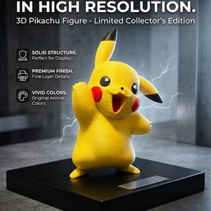 Pode incluir: Uma figura amarela do Pikachu com pontas das orelhas pretas e bochechas vermelhas sobre uma base retangular preta. O texto diz: CAPTURE THE MAGIC OF KANTO. IN HIGH RESOLUTION. 3D Pikachu Figure - Limited Collector's Edition. SOLID STRUCTURE. PREMIUM FINISH. VIVID COLORS.