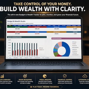以下が含まれることがあります： Budget & Wealth Studioの財務ダッシュボードが表示されたノートパソコンの画面。TAKE CONTROL OF YOUR MONEY. BUILD WEALTH WITH CLARITY.というテキストがあり、収入、支出、貯蓄、負債、純資産、棒グラフ、円グラフがインターフェース上に表示されています。