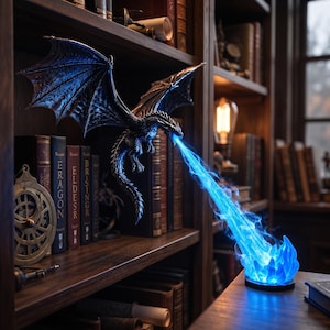 Puede incluir: Una figura de dragón alado oscuro suspendida en el aire, que emite un flujo de luz azul brillante que desciende sobre una base circular, creando un efecto de llama azul brillante en la superficie debajo de la criatura.