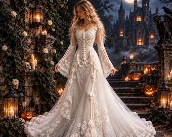 Vestido largo gótico de esqueleto, vestido de bruja de Halloween, vestido con estampado de calaveras, vestido gótico para mujer, disfraz de Halloween de manga larga