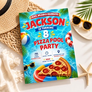 Inbjudan till pizzapoolparty | Simning, födelsedagsfest, plaskfest, pojkar, flickor, sommar, barn, tropisk strand | Redigerbar Canvas-mall 5x7
