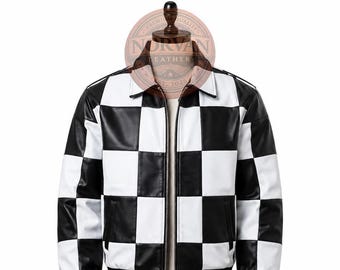 Herren Schwarz Weiß Schachbrett Leder Bomberjacke - Patchwork Streetwear Mantel