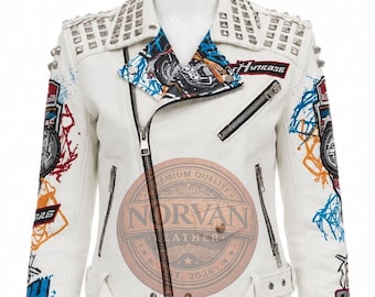 Handmade Women's White Punk Rock Leather Jacket Studded Biker Jacket, Graffiti  Gothic Streetwear