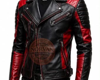 Handmade Men's Black & Red Leather Biker Jacket Punk Rock  Rider Jacket, Cafe Racer Outerwear