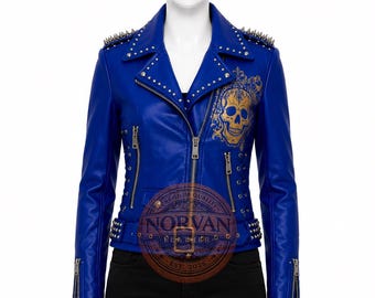 Royal Blue Leather Biker Jacket: Gold Skull Studded Punk Motorcycle Coat