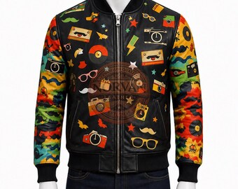 Men's Colorful Graphic Leather Bomber Jacket – Retro Camera & – Streetwear Varsity  – Custom Fashion Leather Coat