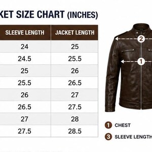 K&ouml;nnte beinhalten: Eine Gr&ouml;&szlig;entabelle f&uuml;r eine Lederjacke mit dem Text MEN LEATHER JACKET SIZE CHART (INCHES). Die Tabelle listet Gr&ouml;&szlig;en von XS bis 4XL mit Ma&szlig;en f&uuml;r Brust, Schulter, &Auml;rmell&auml;nge und Jackenl&auml;nge auf. Zwei braune Jacken sind abgebildet.