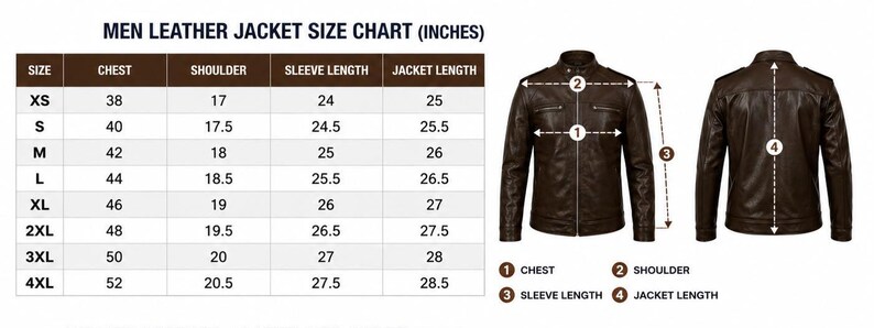 K&ouml;nnte beinhalten: Eine Gr&ouml;&szlig;entabelle f&uuml;r eine Lederjacke mit dem Text MEN LEATHER JACKET SIZE CHART (INCHES). Die Tabelle listet Gr&ouml;&szlig;en von XS bis 4XL mit Ma&szlig;en f&uuml;r Brust, Schulter, &Auml;rmell&auml;nge und Jackenl&auml;nge auf. Zwei braune Jacken sind abgebildet.