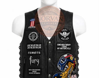 Handmade Men's Black Leather Biker Vest with Fury Nation Skull Patches, Lace Sides