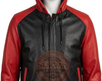Handmade Men's Two-Tone Red Black Leather Hooded Jacket – Biker Streetwear Outerwear
