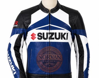 Handmade Men's Suzuki GSX-R Leather Motorcycle Jacket | Blue White Black Racing Coat