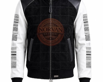 NORVAN Black & White Quilted Leather Varsity Jacket for Men Modern Streetwear Bomber Jacket