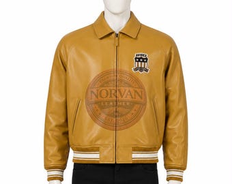 Handmade Men's Avirex USA Leather Bomber Jacket – Vintage Varsity Style Brown Outerwear