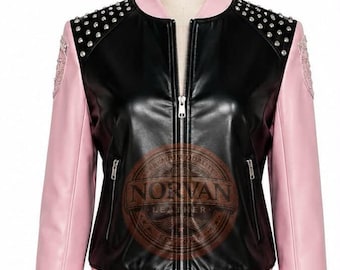 Handmade Women's Pink Skull Heart Bomber Jacket: Gothic Punk Varsity Leather Style