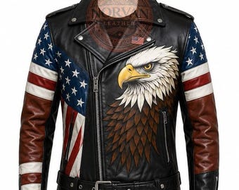 Handmade Men's American Flag Eagle Leather Biker Jacket, Patriotic USA Motorcycle Apparel