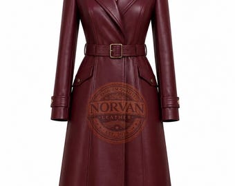 Handmade Women's Burgundy Leather Trench Coat  Long Belted Leather  Elegant Vintage Style Winter Overcoat
