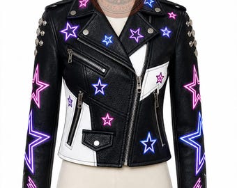 Women's Neon Star Leather Biker Jacket: Black White Punk Rock Studded Fashion
