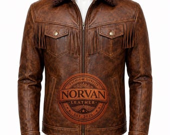 Men's Brown Distressed Leather Fringe Jacket – Western Cowboy Ranch Style Coat