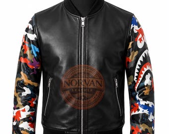 Handmade Men's Black Leather Bomber Jacket, Multicolor Camo Sleeve Varsity Coat