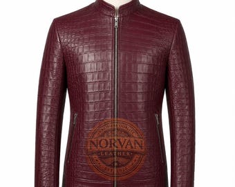 Men's Burgundy Crocodile Embossed Leather Biker Jacket – Slim Fit Motorcycle Coat