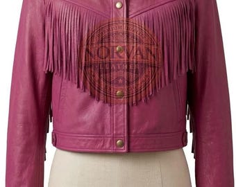 Handmade Pink Leather Fringe Jacket: Western Cowgirl Cropped Boho Tassel Festival Wear