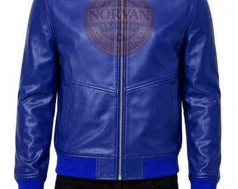 Men's Royal Blue Leather Bomber Jacket, Zip Up Casual Motorcycle Style