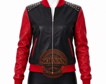 Handmade Women's Black Red Leather Bomber Jacket – Studded Punk Gothic Rose Coat